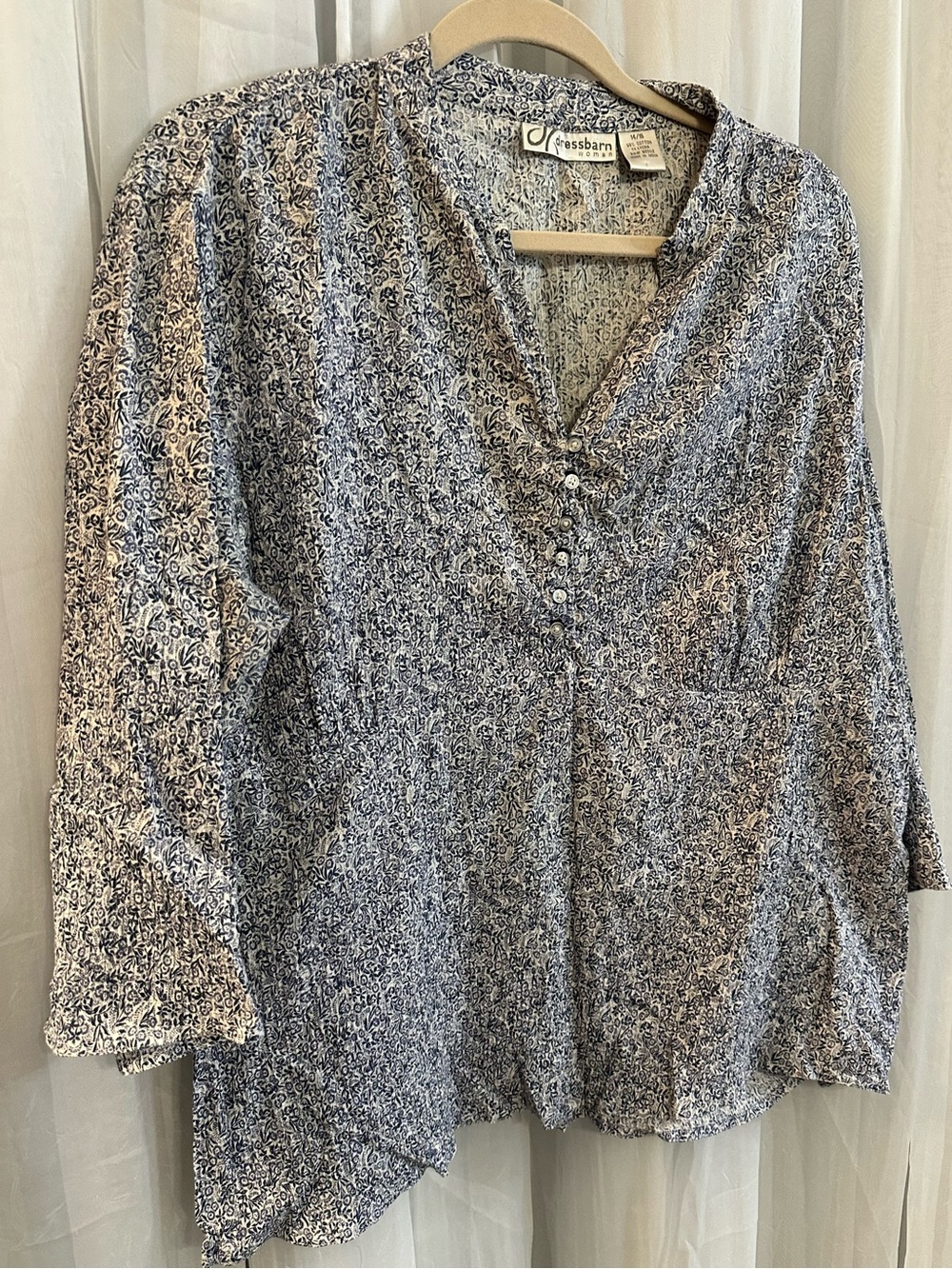 dressbarn Navy and White Printed Split-Neck Blouse